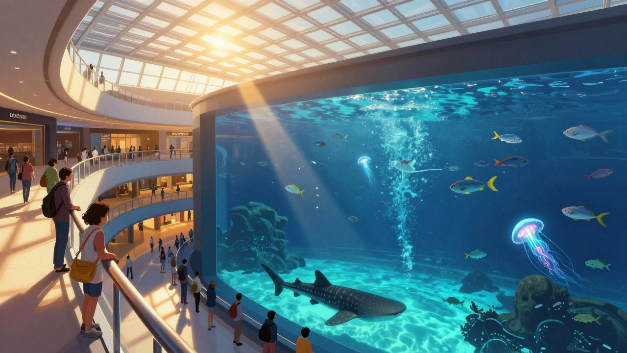 People looking down from an observation deck at a vast aquarium filled with marine life below.