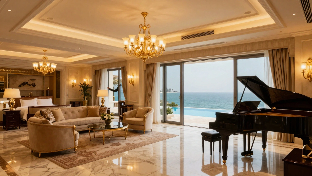 Royal Suite interior with marble floors, grand piano, and private infinity pool overlooking Arabian Gulf