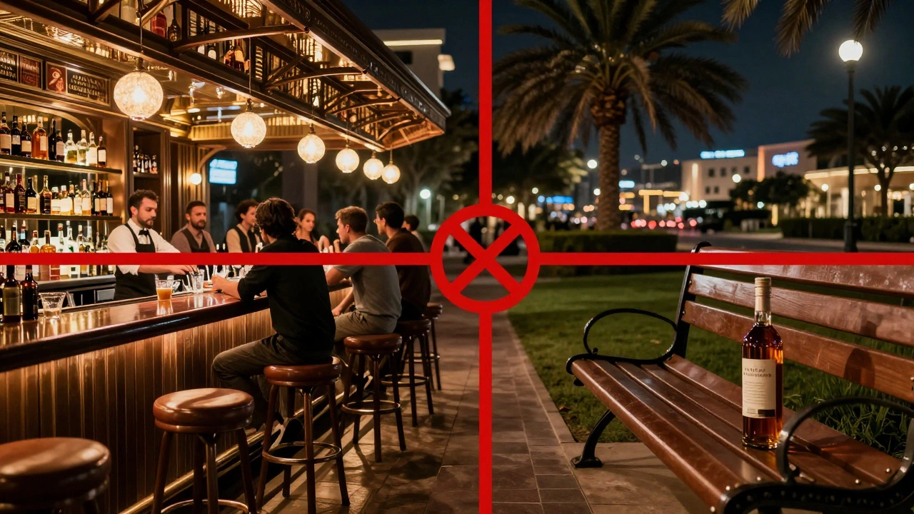 Split image showing licensed bar vs. sealed alcohol on public bench in Dubai