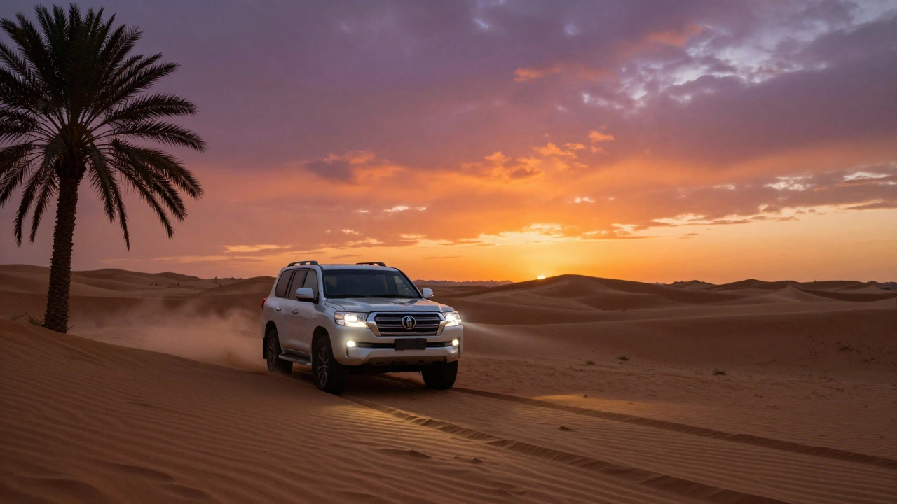 SUV driving through desert landscape at sunset with palm trees silhouette