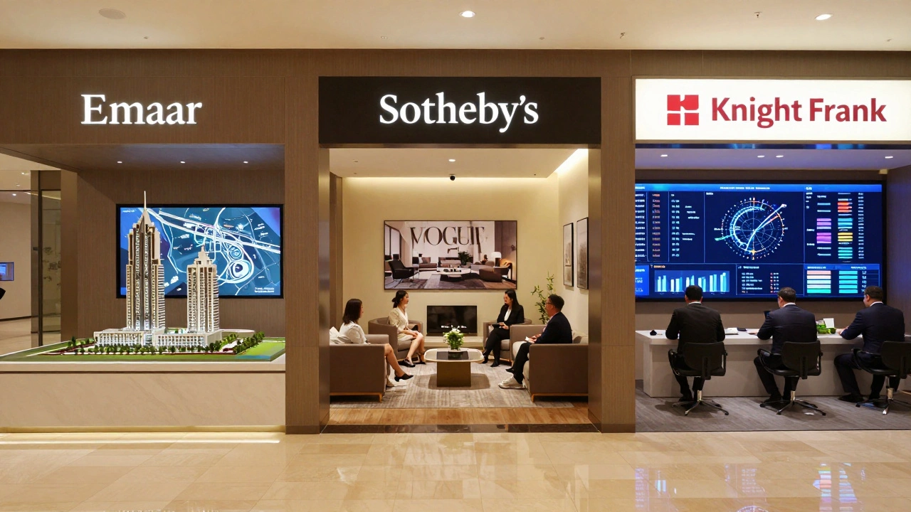 Three branded real estate zones: Emaar's off-plan models, Sotheby's VIP viewing room, and Knight Frank's data-driven advisory center.