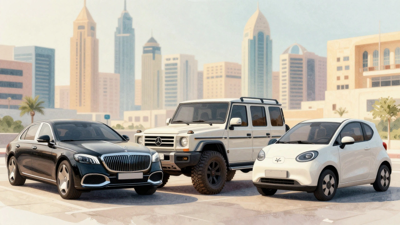 Three distinct vehicles parked in Dubai cityscape, artistic illustration
