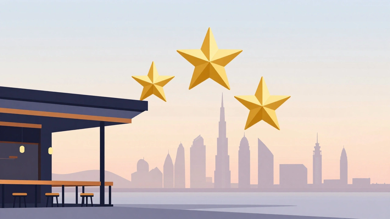 Three golden stars above Dubai restaurant entrance at sunset.