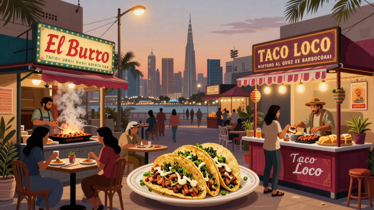 Three Mexican-style eateries in Dubai serving tacos with Middle Eastern twists under streetlights at dusk.