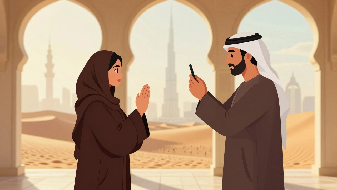 Tourist politely asking a woman in traditional dress for photo permission near a mosque