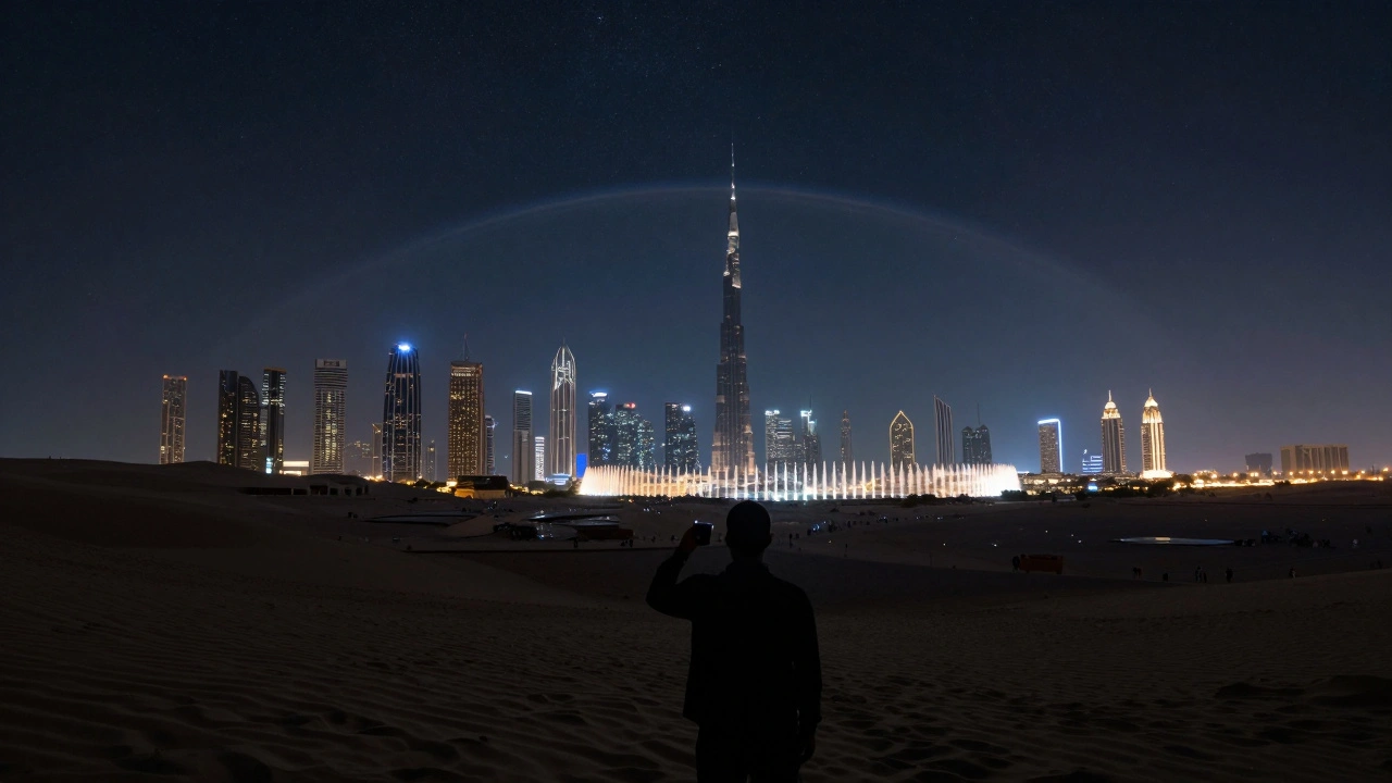 View from Burj Khalifa's highest deck at midnight, city skyline glowing below, desert beyond, curvature of Earth faintly visible.