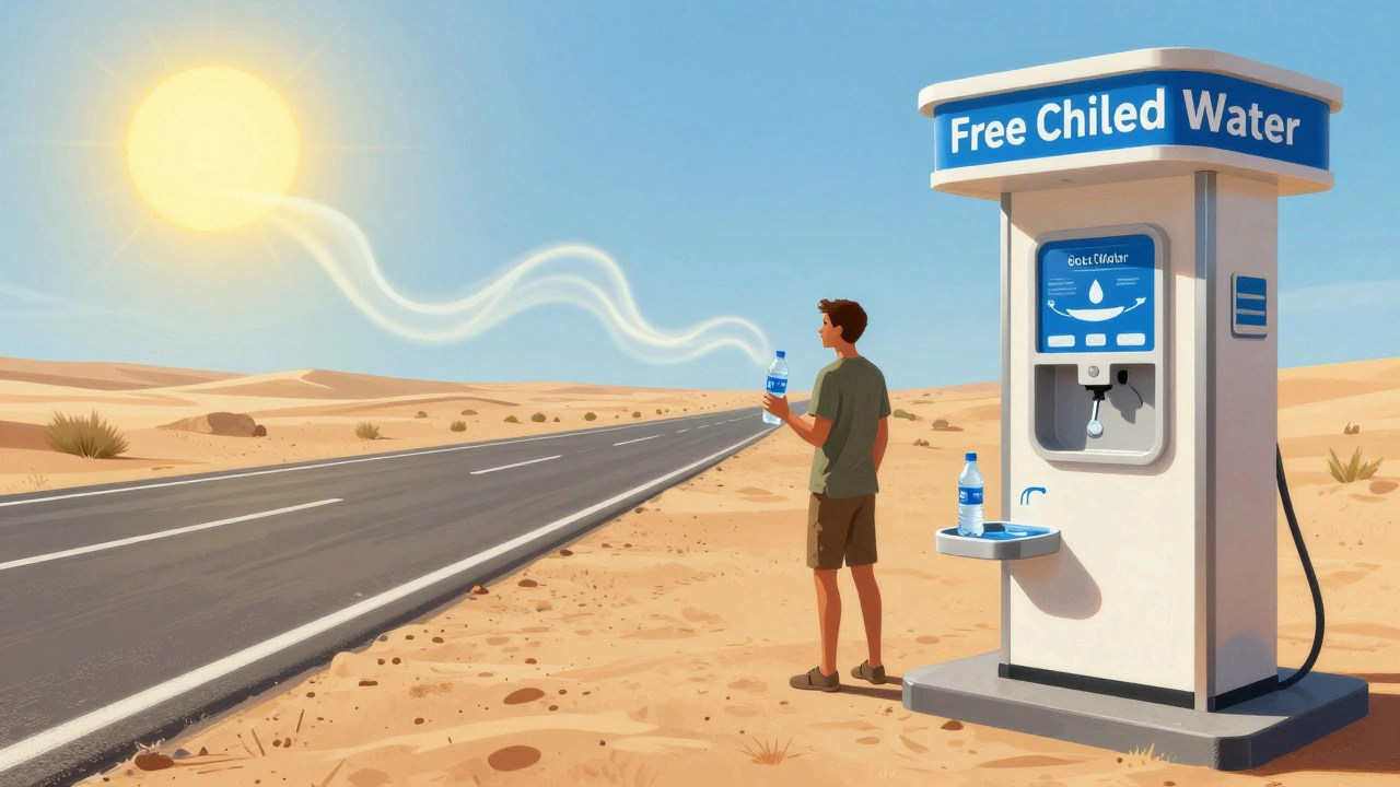 A desert road with a traveler buying water as a refill station glows in the heat, symbolizing smart hydration.