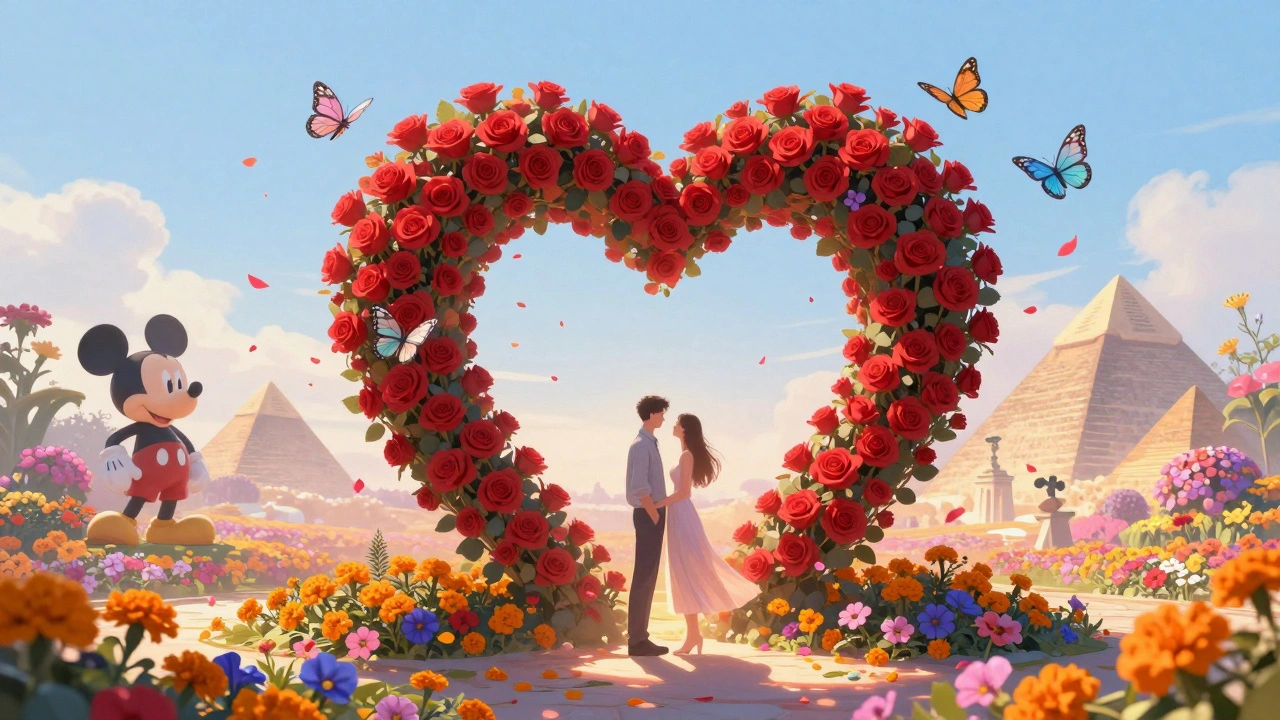 A heart-shaped arch of red roses with butterflies fluttering nearby, as a couple stands beneath it in a floral wonderland.