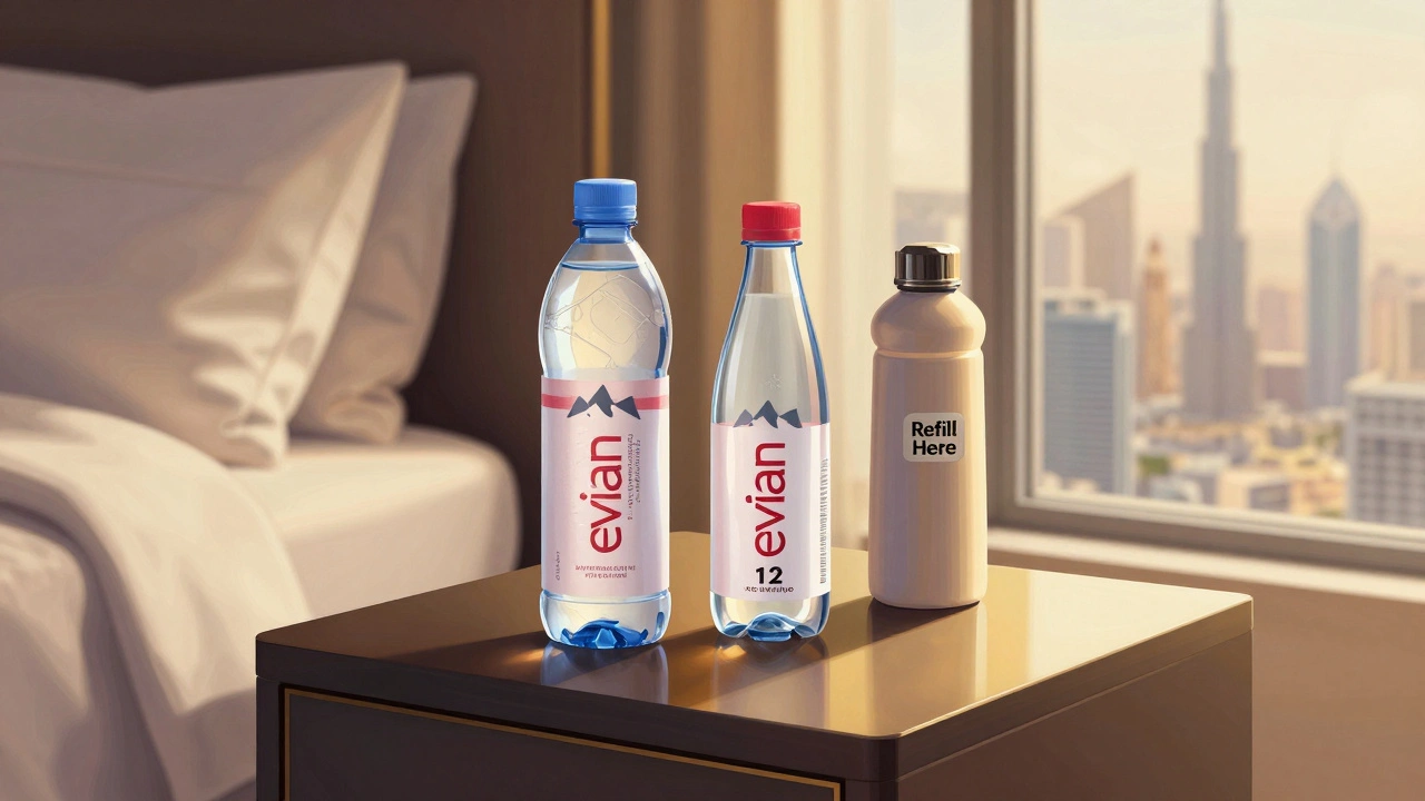A luxury hotel minibar with expensive bottled water beside a reusable bottle marked for refills.