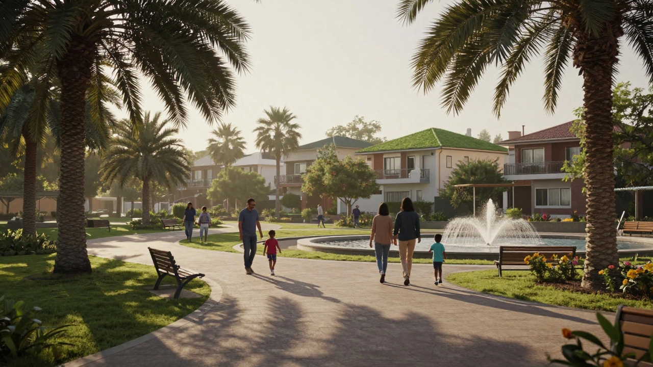 A peaceful community park in Sobha City at sunrise, with families walking among trees and low-rise homes.