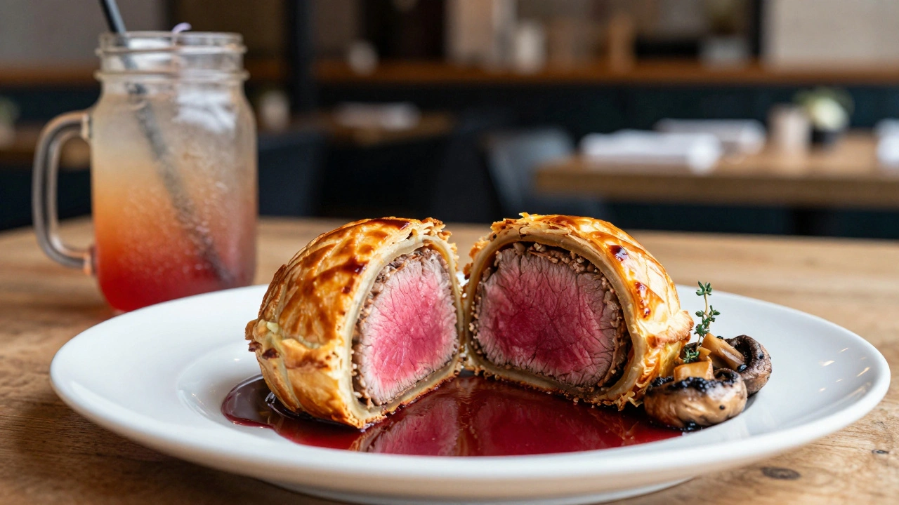 A sliced Beef Wellington on a plate with rich jus, mushrooms, and thyme, served in a bustling restaurant setting.
