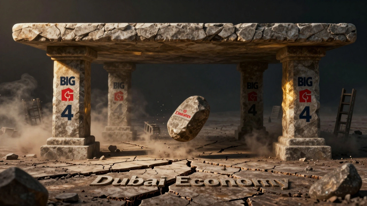 A stone table held by four pillars labeled with Big 4 banks, cracking beneath as one pillar falls, representing economic fragility.