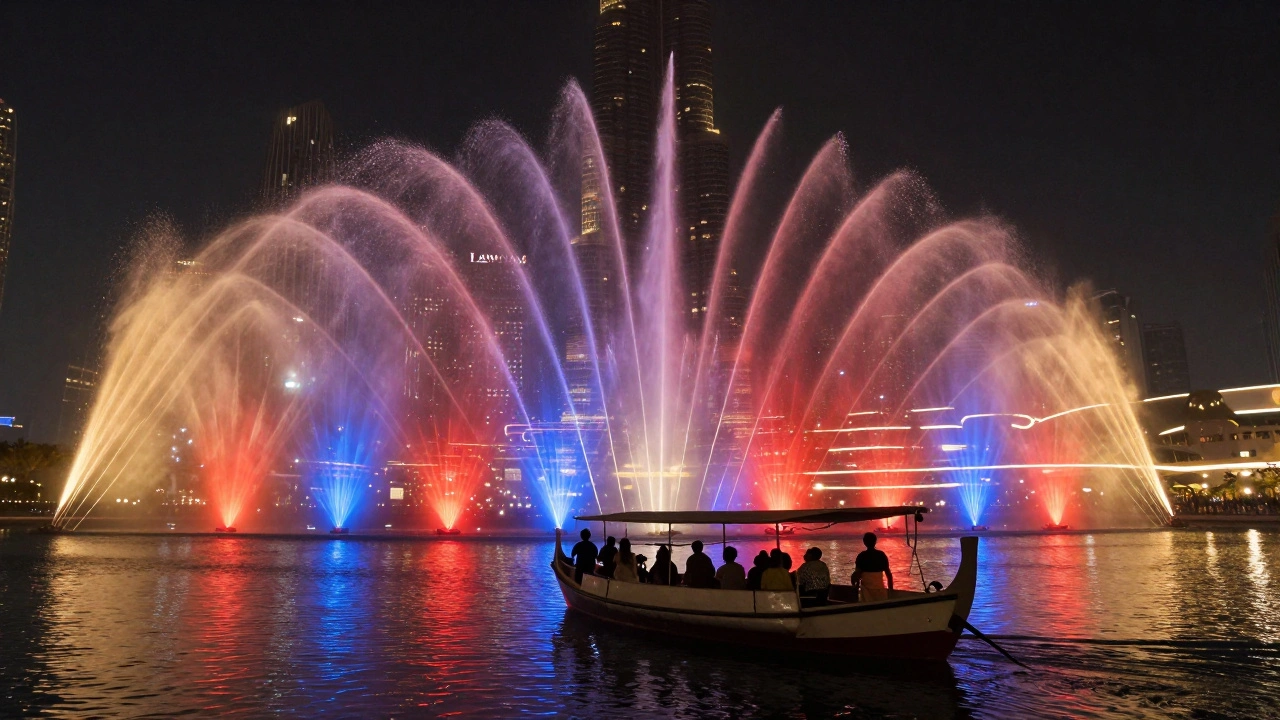 A traditional abra boat drifting through misty water jets of the Dubai Fountain, illuminated by vibrant lights under a dark sky.