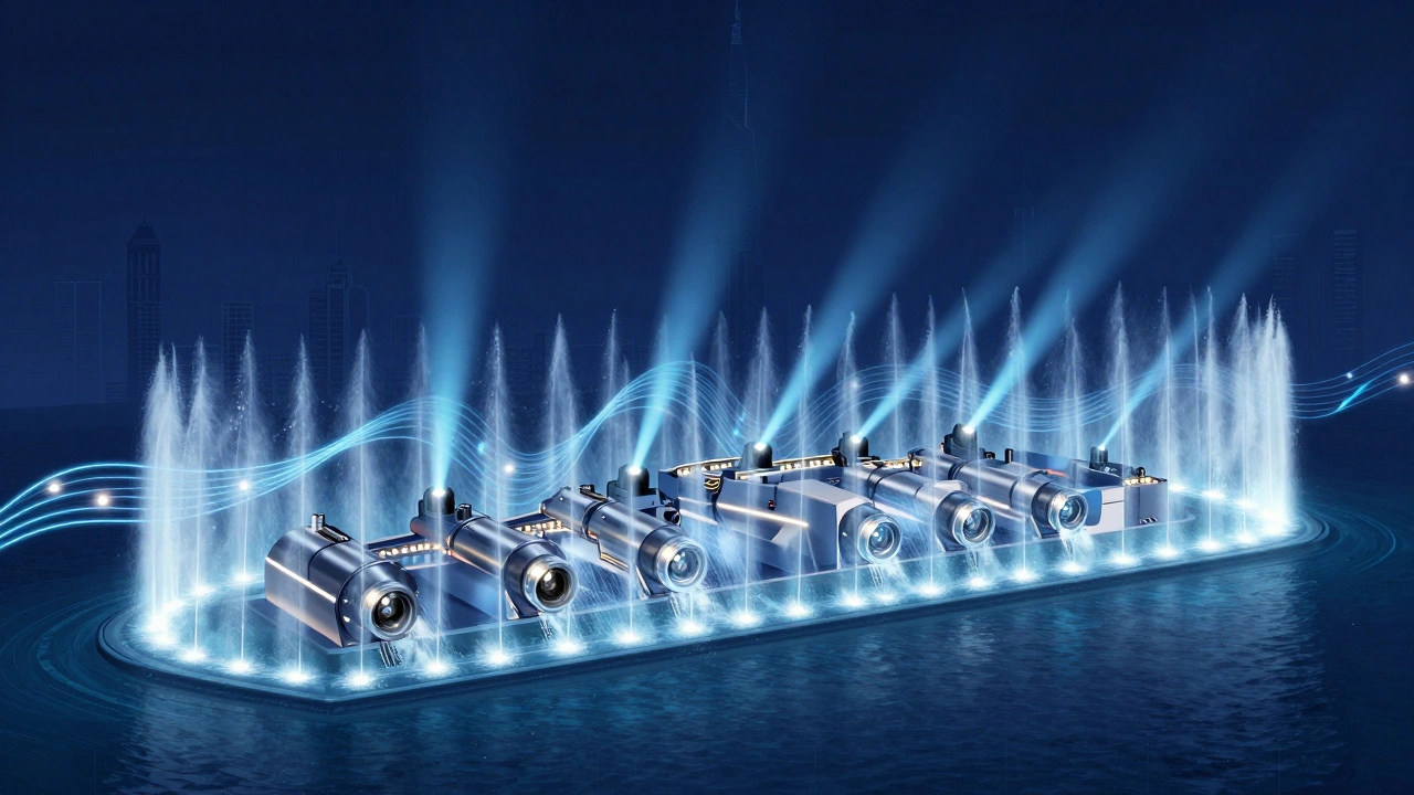 Artistic cross-section of the Dubai Fountain's engineering, showing synchronized nozzles and lights creating dynamic water patterns.