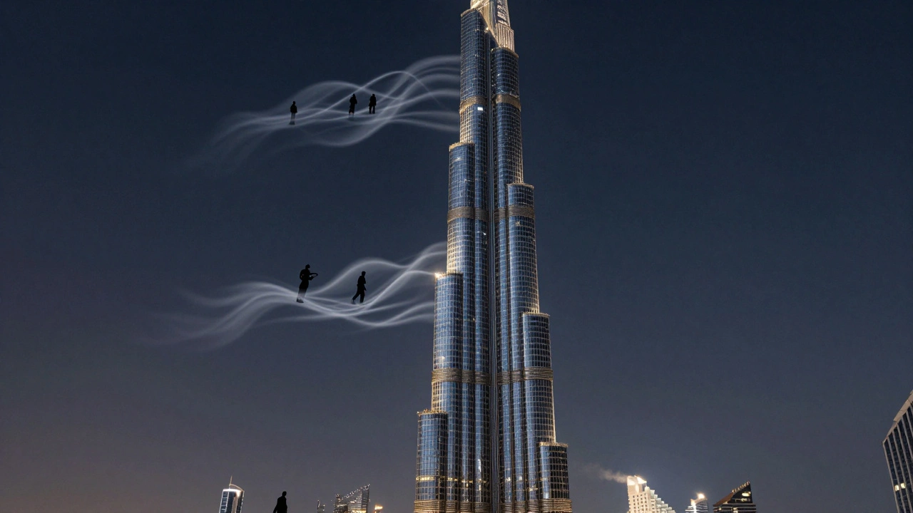 Artistic depiction of Burj Khalifa as a symbol of global inspiration, with travelers rising around it like wind currents.