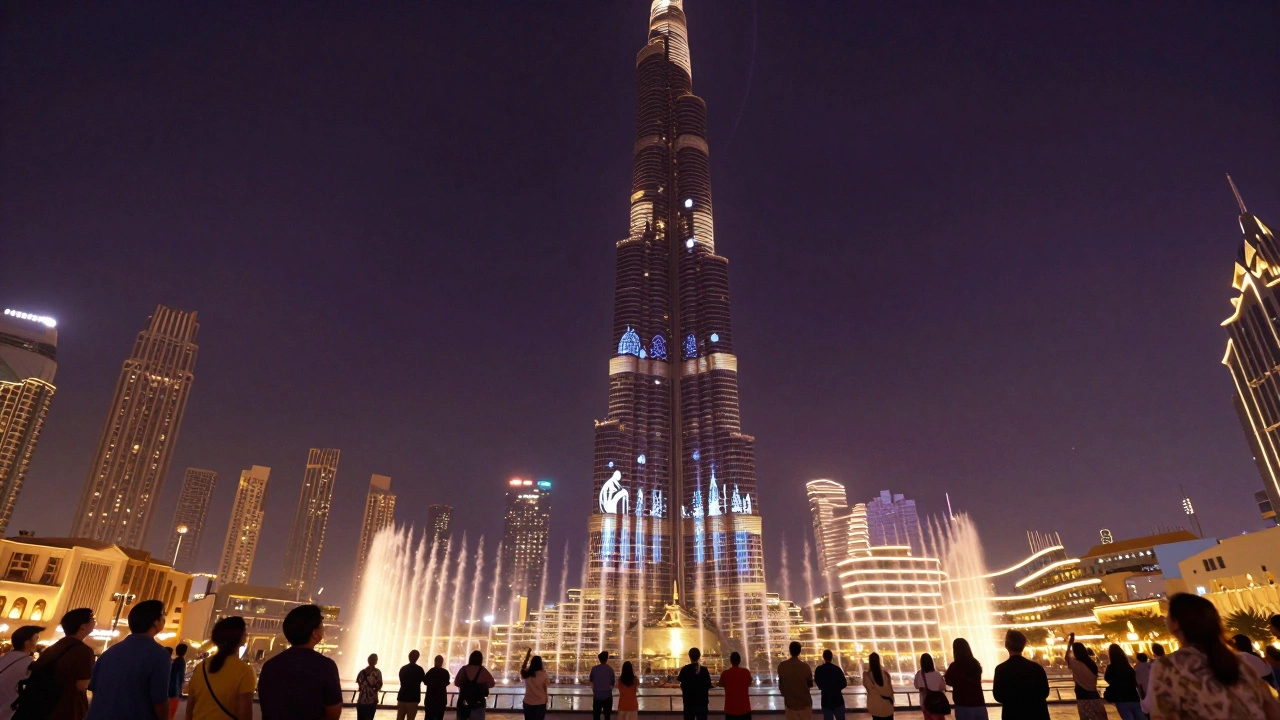 Burj Khalifa illuminated at night with glowing Arabic projections during the weekly light show.