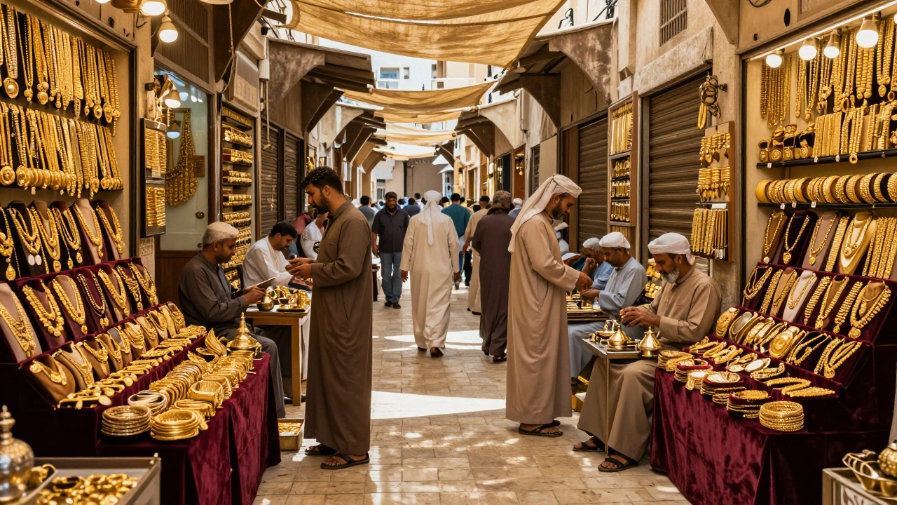 Busy traditional gold market lane with sparkling jewelry displays
