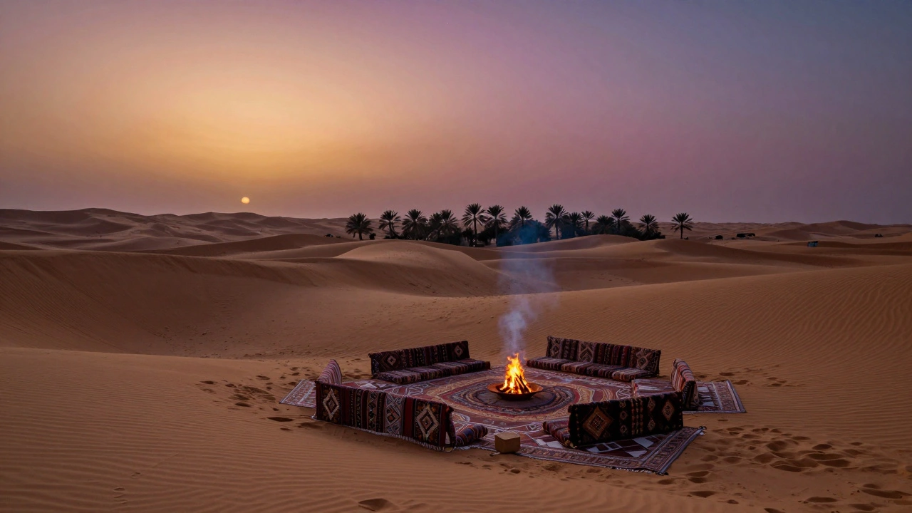 Campfire on golden desert dunes under a starry night sky at dusk.