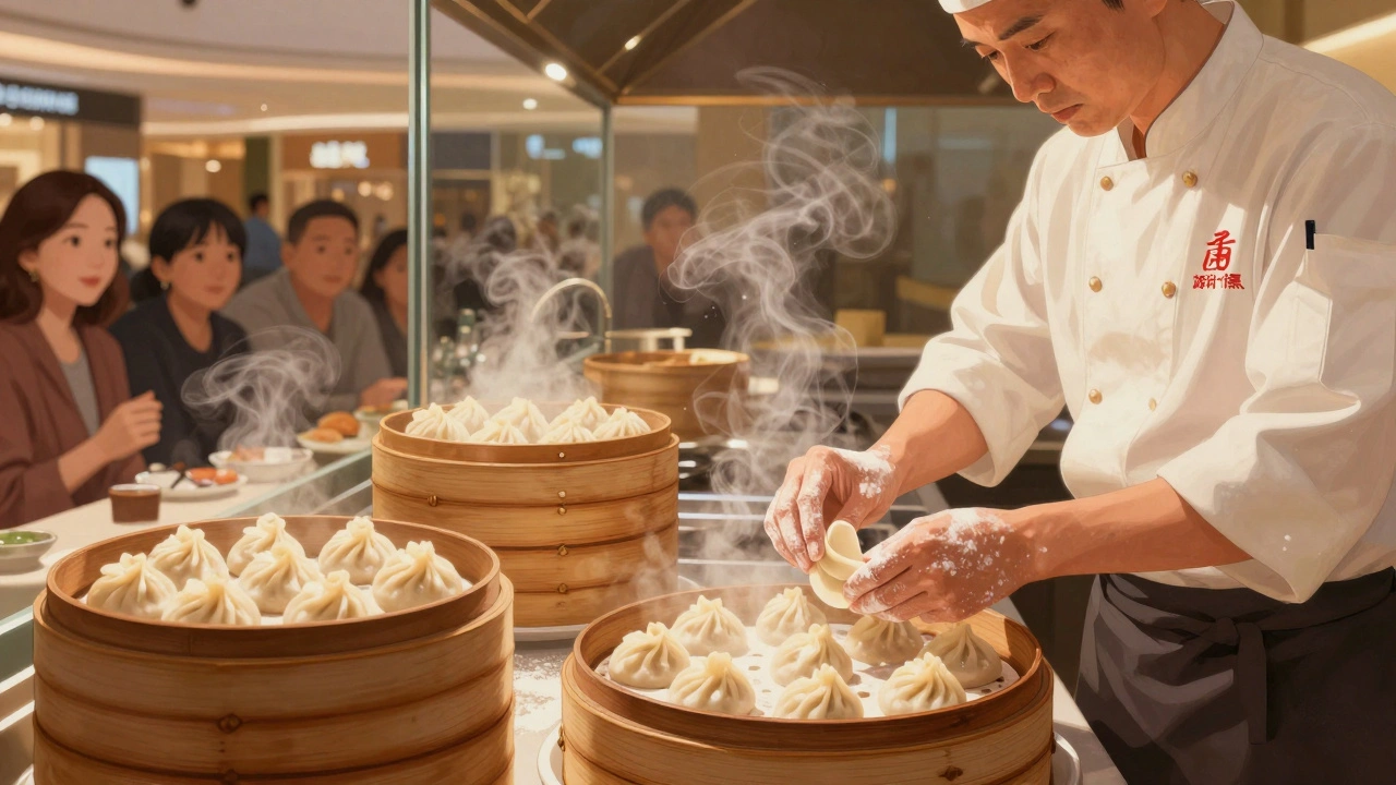 Chef folding xiaolongbao dumplings with 18 pleats in Din Tai Fung's open kitchen in Dubai Mall.