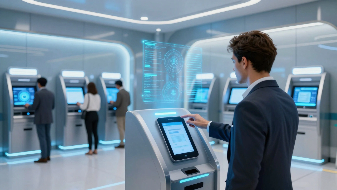 Customer verifying identity via facial scan at a futuristic Dubai bank kiosk with holograms.