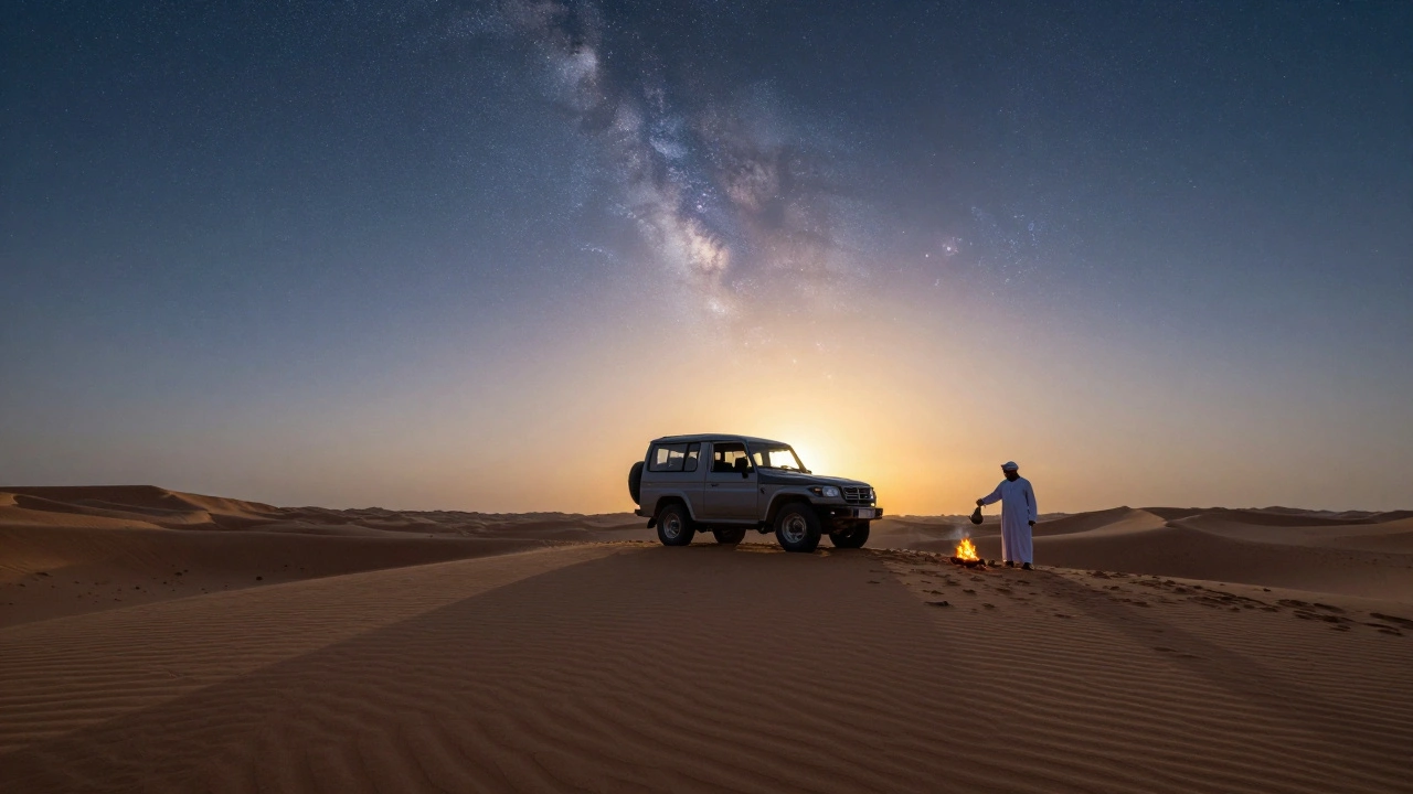 Desert dune at sunset with a small fire and coffee pot under a star-filled sky.