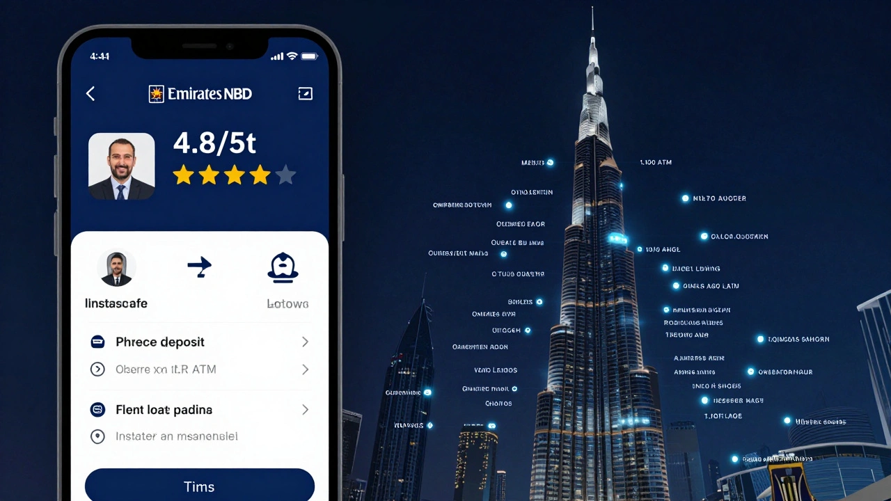 Digital interface of Emirates NBD app with 4.8 rating and map showing over 1,100 ATM locations across Dubai.
