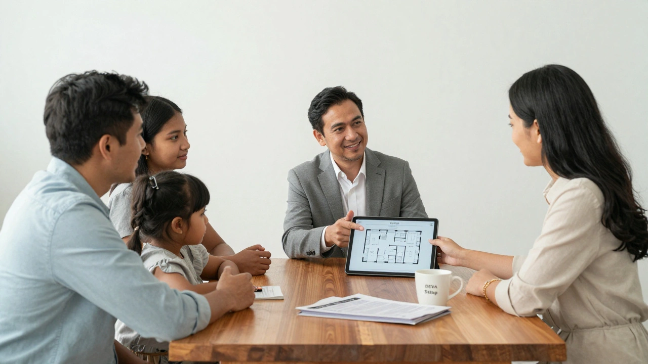 Diverse clients meeting with a real estate agent reviewing a digital floor plan in a modern office.