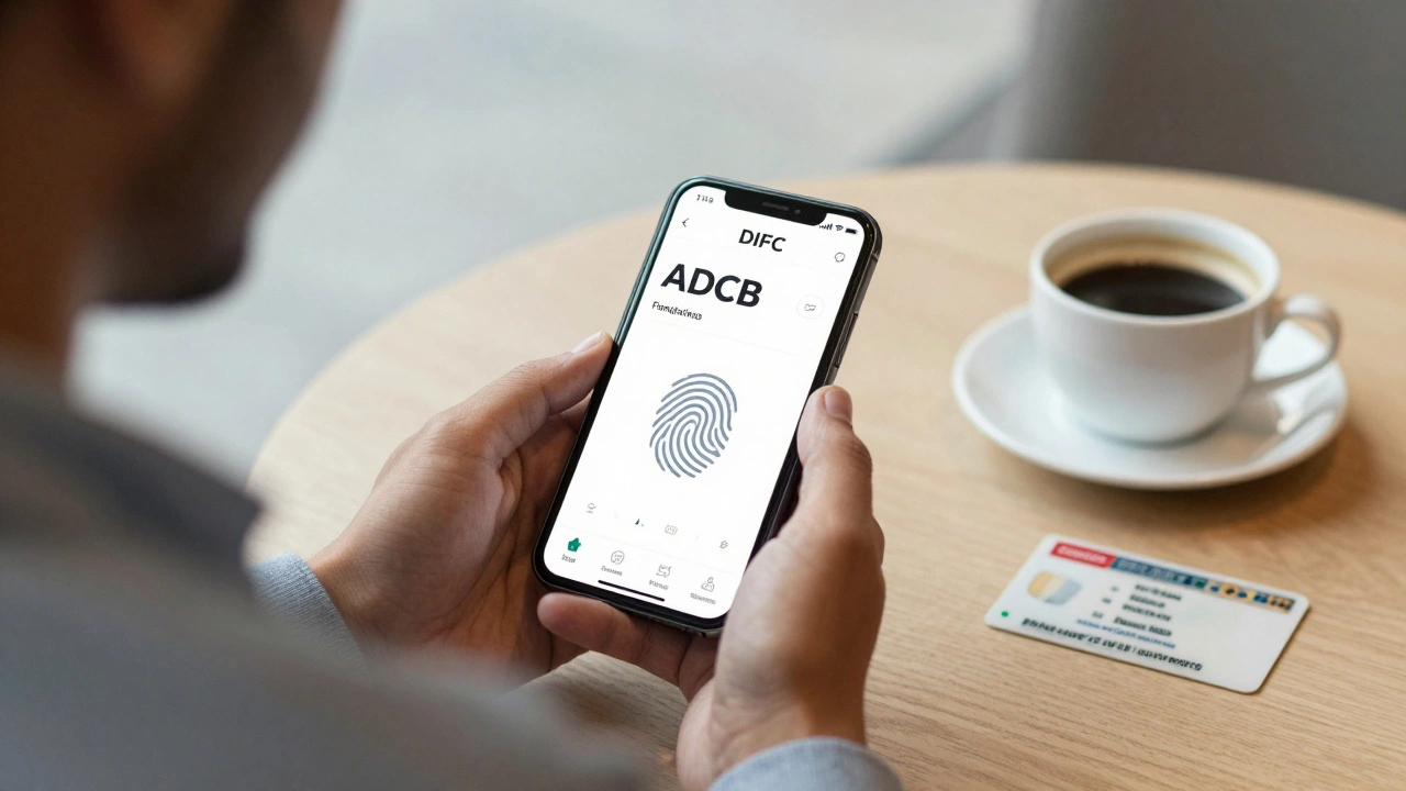 Expat using ADCB's AI banking app on a smartphone in a café with Emirates ID visible.