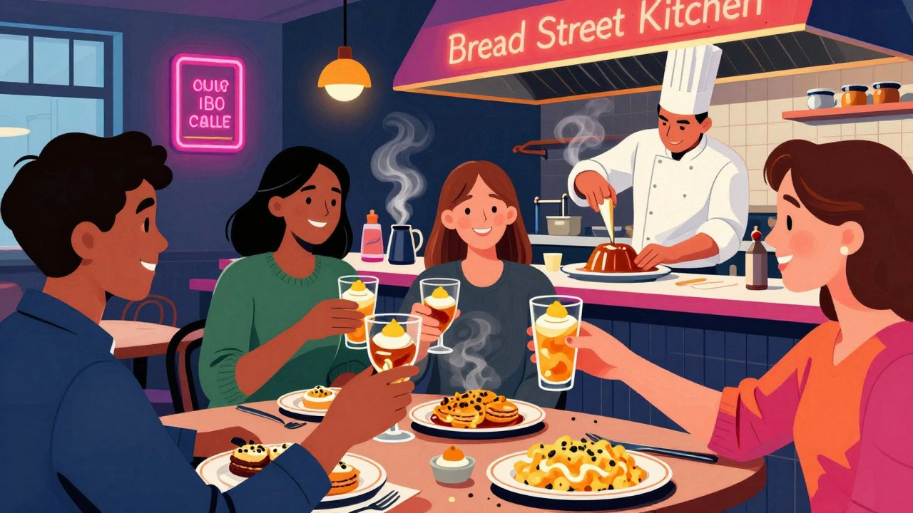 Friends enjoying brunch at Bread Street Kitchen as a chef prepares sticky toffee pudding in the open kitchen.