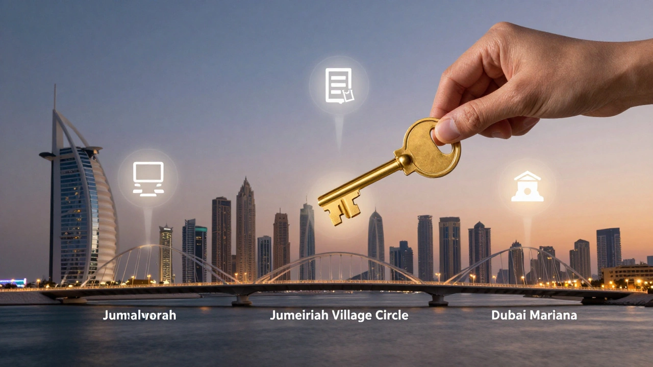 Golden key transforming into a bridge connecting Dubai neighborhoods with service icons floating above.