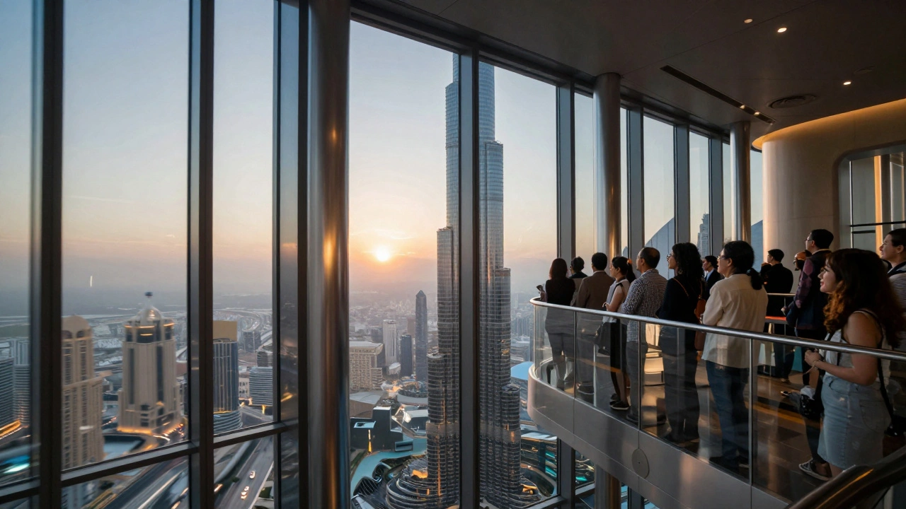 Inside a high-speed elevator ascending the Burj Khalifa, city lights blurring through glass windows.