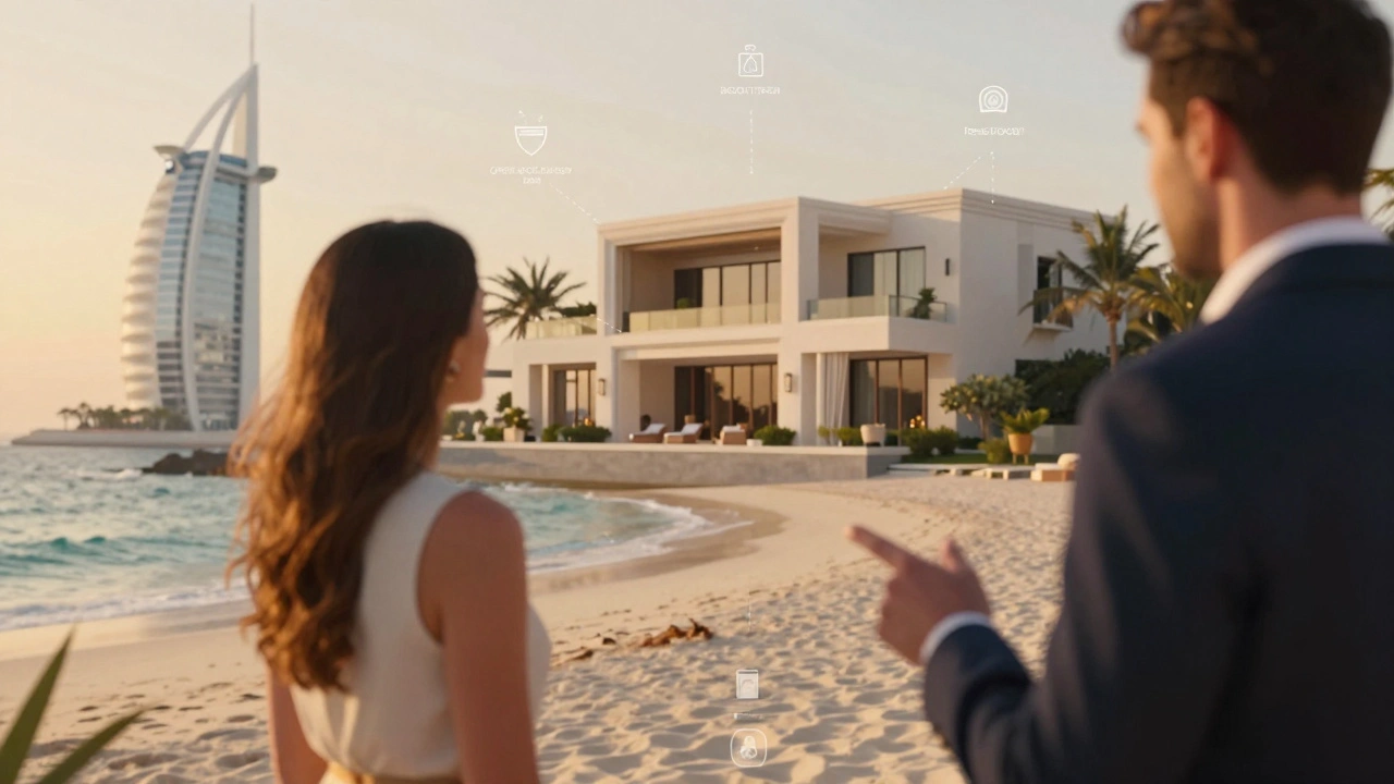 Luxury villa in Palm Jumeirah with Knight Frank agent showing property details to a discerning buyer.