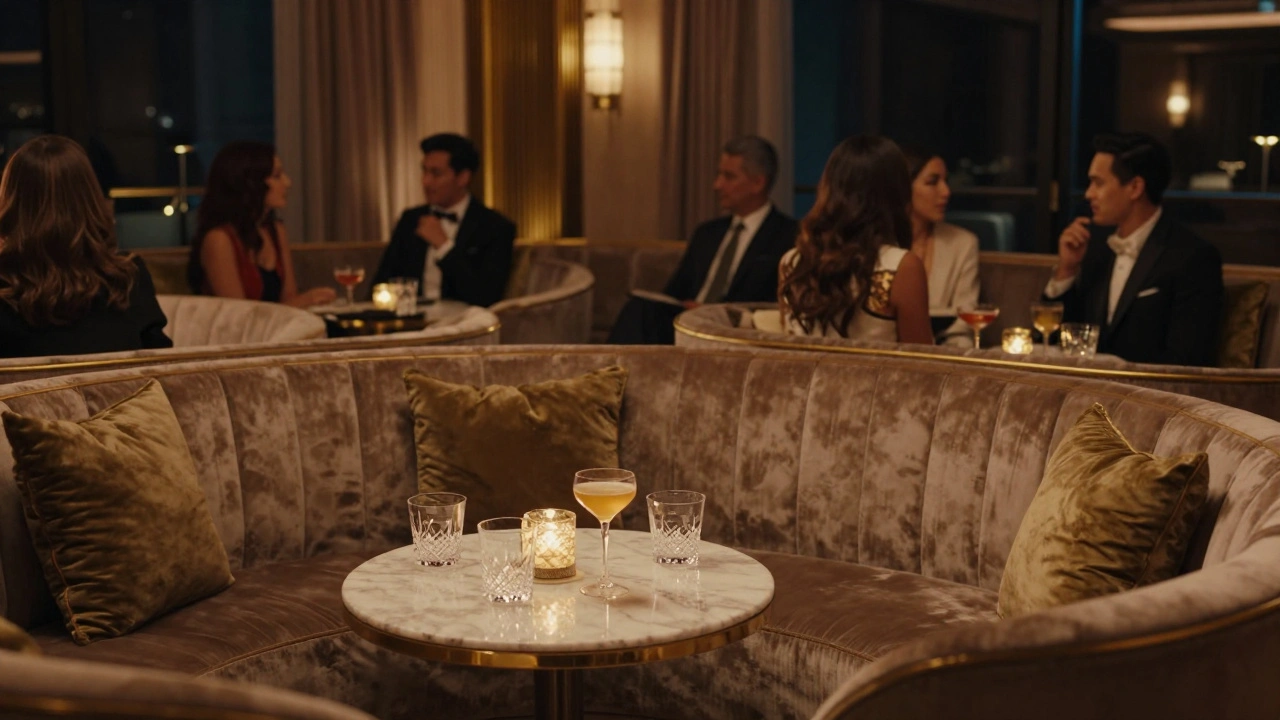 Luxury VIP lounge with velvet seating and guests enjoying drinks at night.