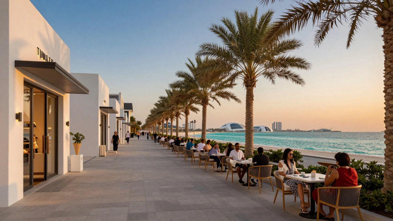 Luxury waterfront shopping promenade overlooking the sea at sunset