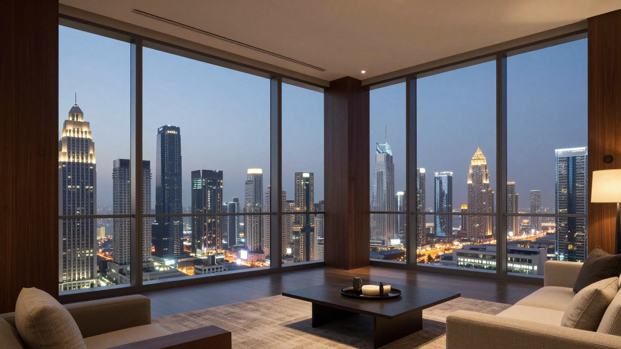 Modern penthouse interior overlooking the Dubai city skyline.