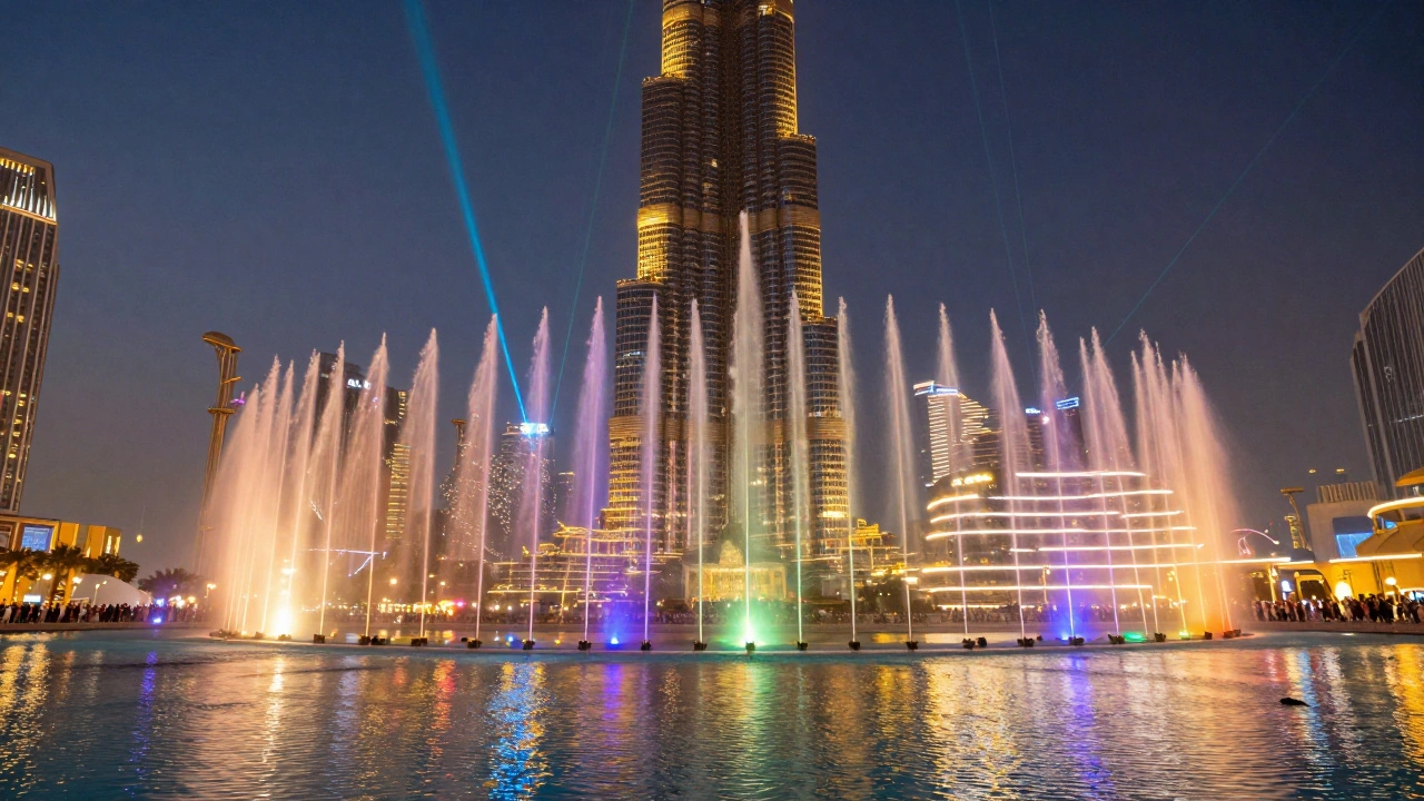 Nighttime Dubai Fountain show with illuminated Burj Khalifa in background.