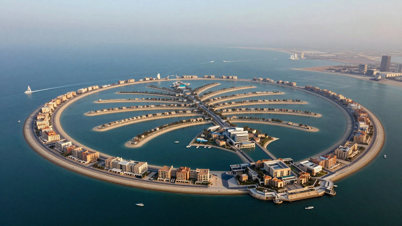 Palm Jumeirah as a futuristic man-made island extending into the sea, lined with luxury homes and canals.