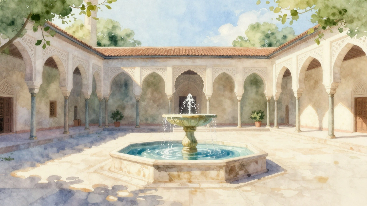Peaceful courtyard with fountain and arches