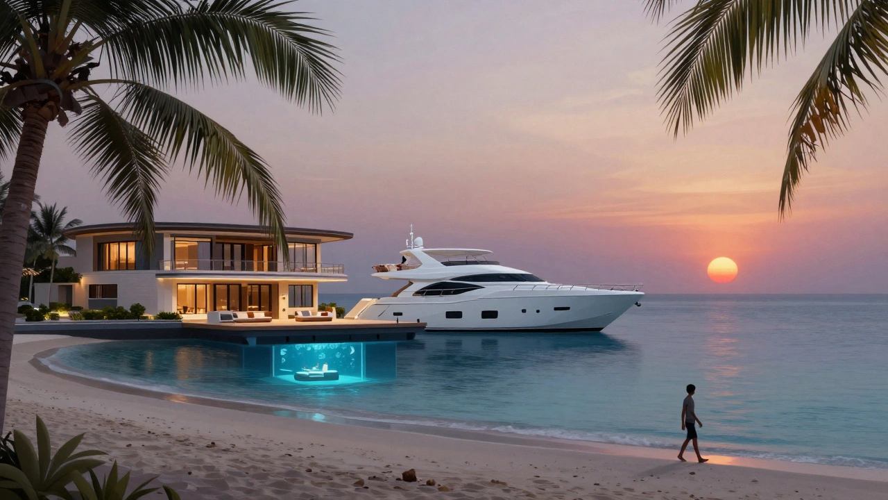 Private beach villa on Palm Jumeirah with a yacht at a floating dock, sunset over the Persian Gulf.