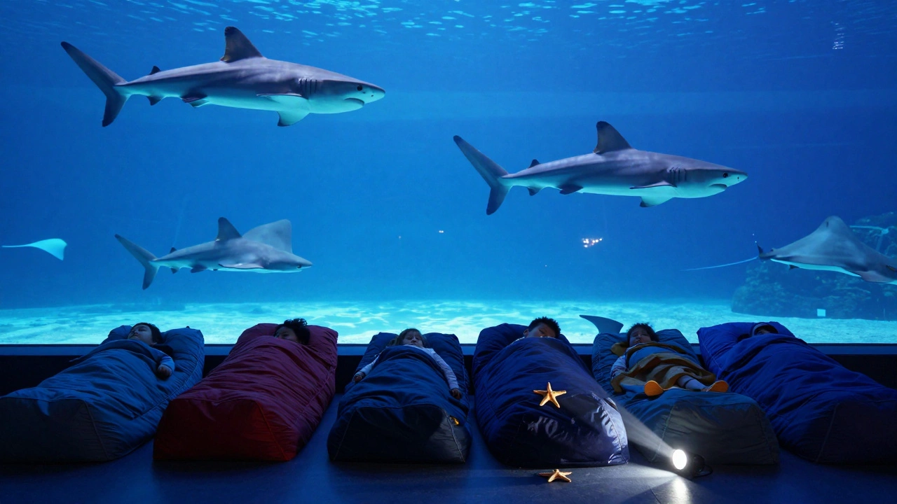 Sleepers rest in sleeping bags under the glowing aquarium tank, with sharks drifting lazily above in the dark.