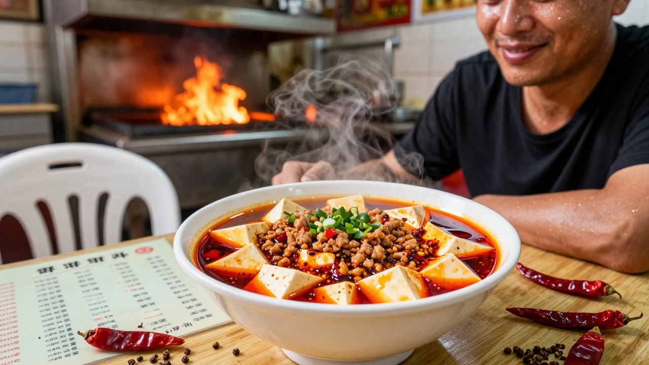 Spicy mapo tofu steaming in a bowl at Sichuan House, surrounded by chili peppers and plastic chairs.