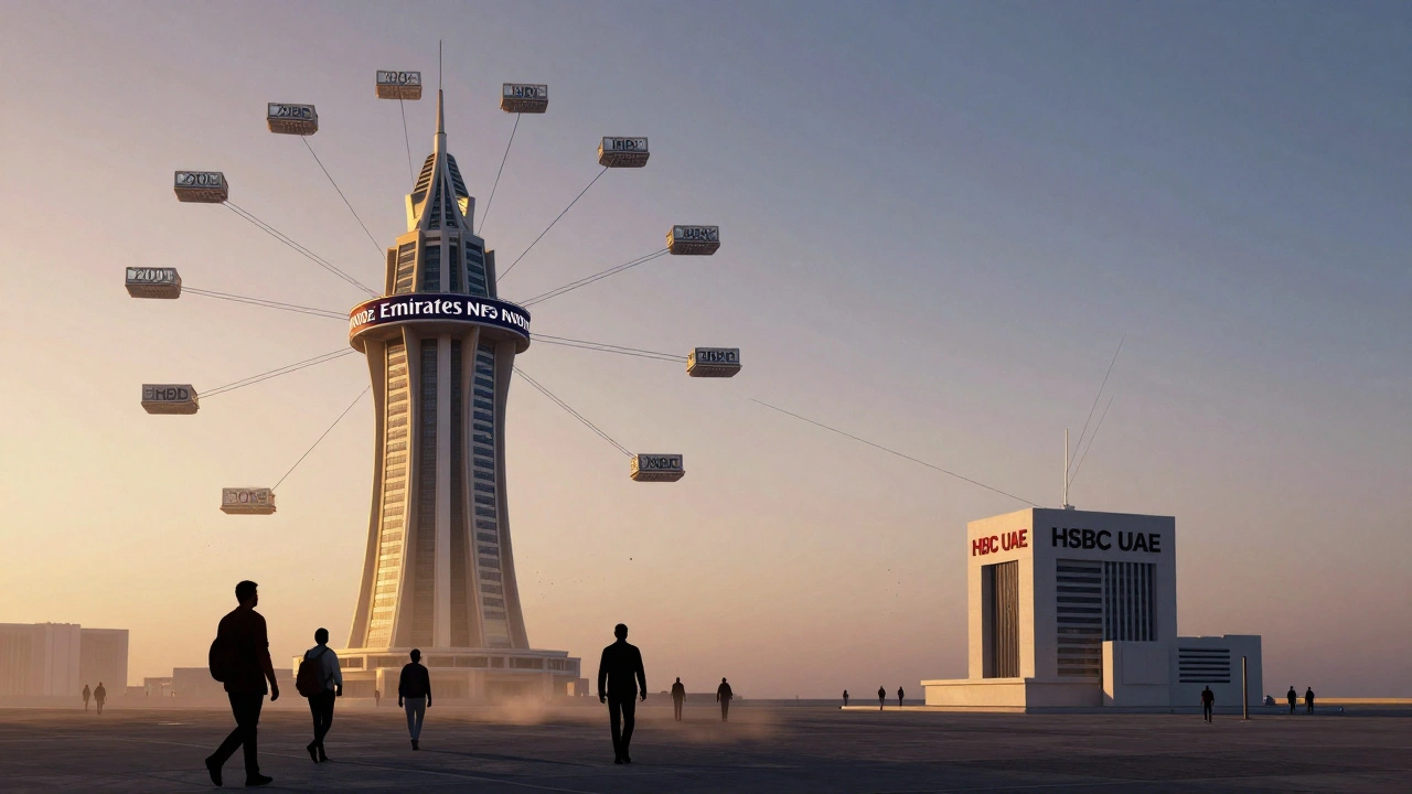 Symbolic comparison of Emirates NBD's extensive branch network versus HSBC's limited presence in Dubai at dawn.