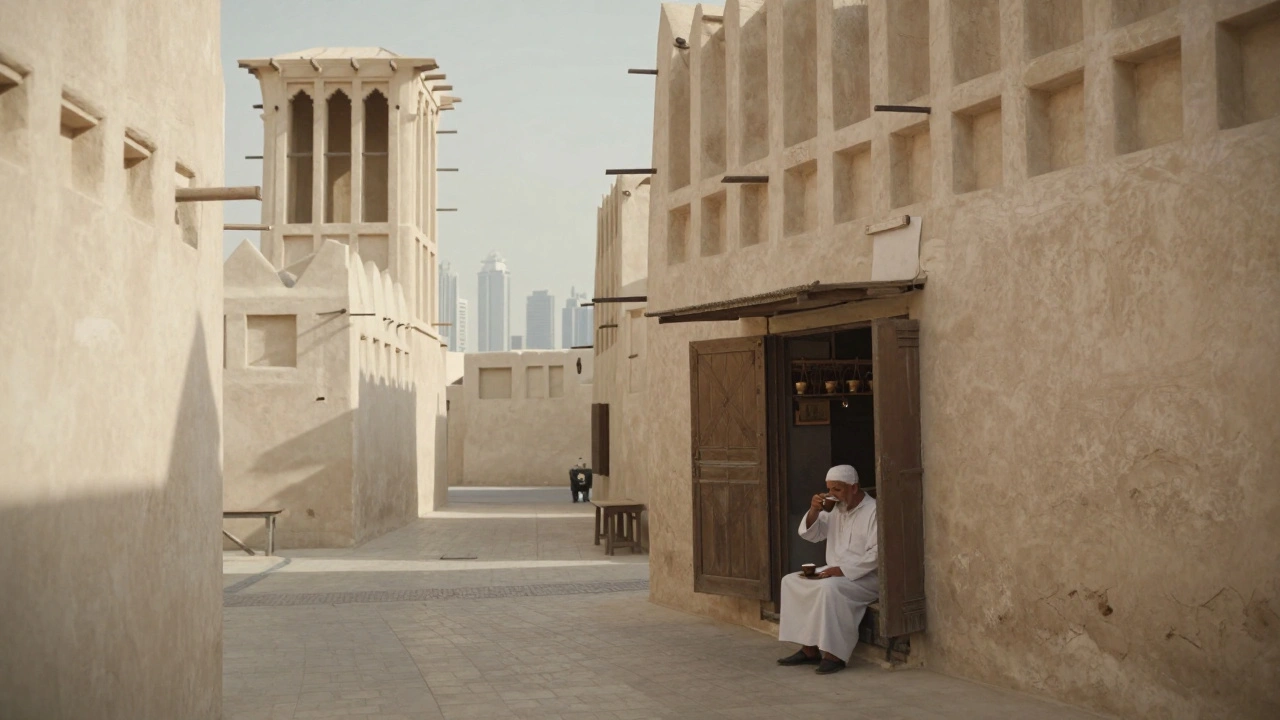 Traditional white buildings with wind towers in Al Fahidi neighborhood lanes.