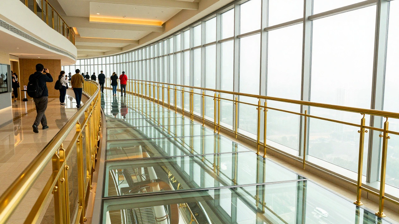 Transparent glass bridge walkway with gold railings inside tower