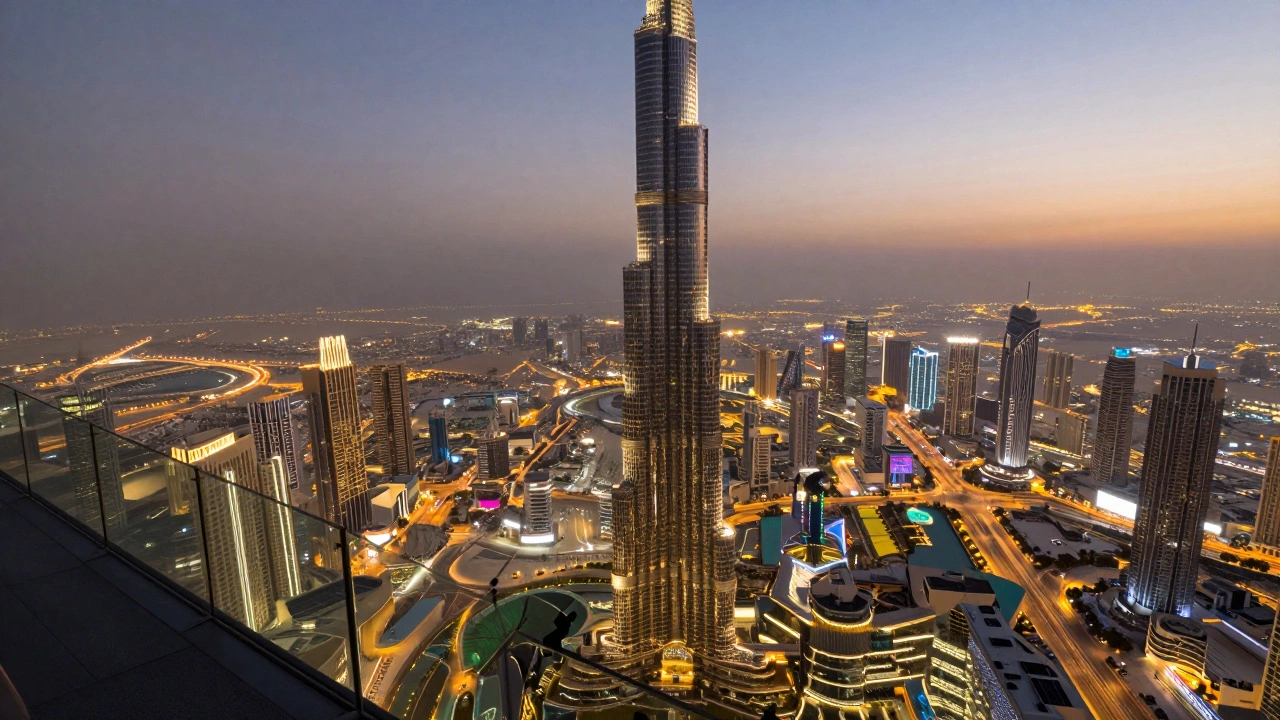 View from Burj Khalifa's top observation deck, showing Dubai city lights and desert horizon below.