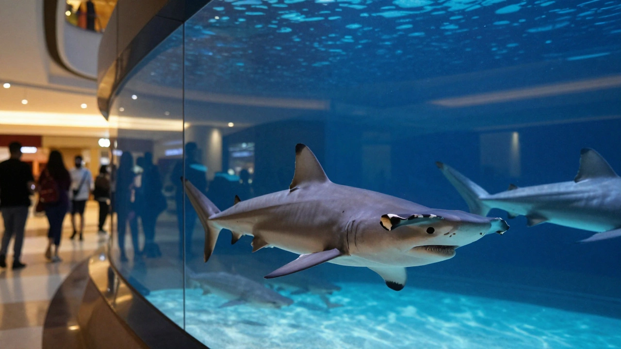 Visitors observing sharks and rays through the glass walls of Dubai Aquarium.
