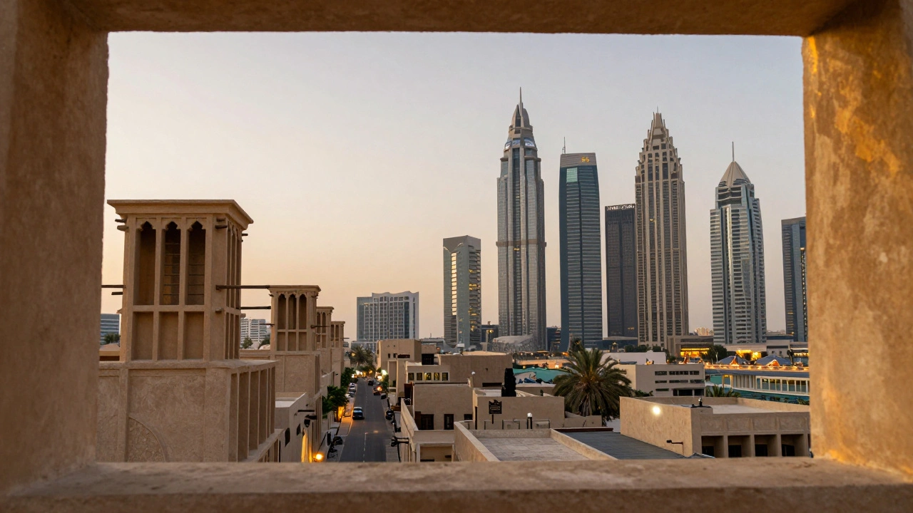 Window view showing traditional neighborhood next to modern skyscrapers